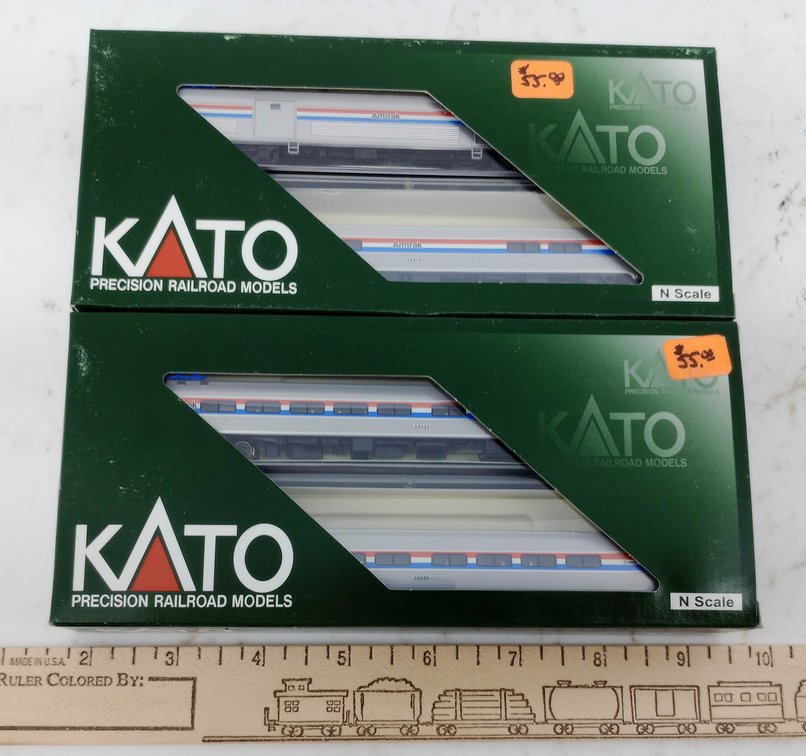 2 KATO N SCALE 106-6291 & 106-6292 AMTRAK AMFLEET II PHASE III 2 CAR SETS, 2 OBS  INV 263331197