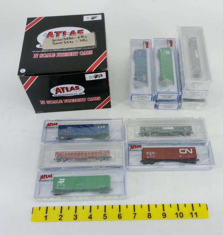 ASSORTED ATLAS N SCALE CSX BN CN NS SANTA FE BOX CARS & GONDOLAS, SOME OBS  INV 263331229