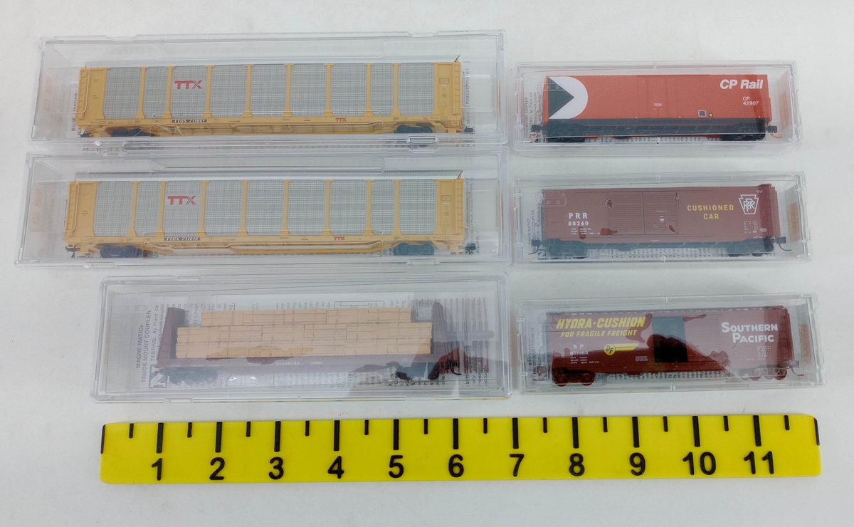 6 MICRO-TRAINS LINE N SCALE BOXCARS, AUTORACKS & BULKHEAD FLAT CAR, 6 OBS  INV 263331283