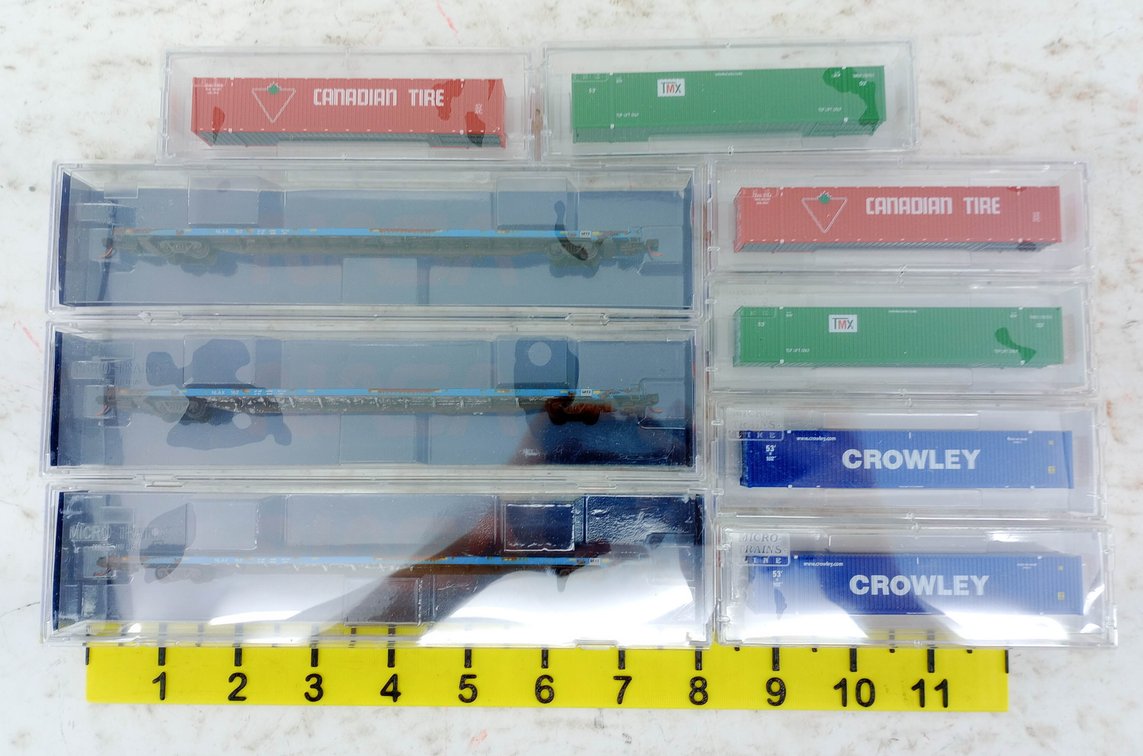 MICRO-TRAINS N SCALE 3 NLAX 89FT FLAT CARS & 6 53FT CONTAINERS, 9 OBS  INV 263331281