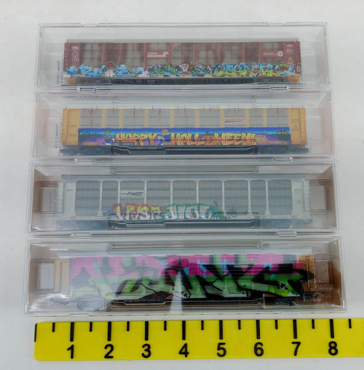 4 MICRO-TRAINS LINE N SCALE WEATHERED GRAFFITI 89FT TRI-LEVEL AUTORACKS CONRAIL BNSF P&W, 4 OBS  INV 263331286