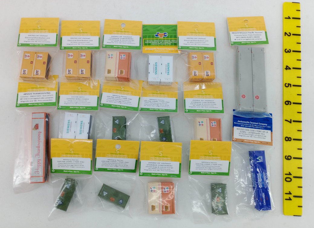 MIXED JTC VISIONARY SERIES N GAUGE CAT, SIEMENS, HAZMAT & MILITARY CONTAINERS, SOME OBS  INV 263331300