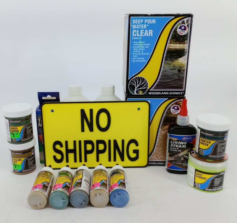 **NO SHIPPING** ASSORTED WOODLAND SCENICS WATER EFFECTS, TINTS & UNDERCOATS W/ DELUXE TRACK MAGIC, SOME OBS  INV 263331304