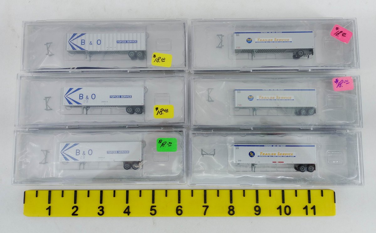 6 N GAUGE B&O & C&O TOFCEE/TRAILER SERVICE 40FT TRAILERS ON FLATCAR STANDS, 6 OBS  INV 263331302
