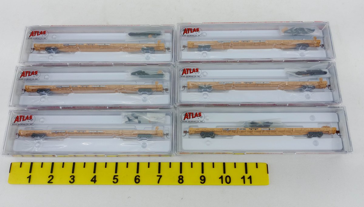 6 ATLAS N F89J TTX TRAILER TRAIN FLATCARS 1970S YELLOW, 6 OBS  INV 263331311