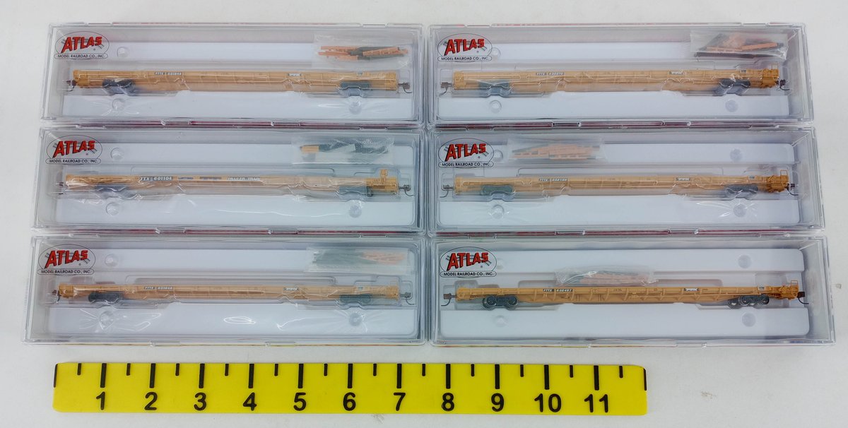 6 ATLAS N SCALE PTTX F89J YELLOW FLATCARS W/ DECK RISERS, 6 OBS  INV 263331314