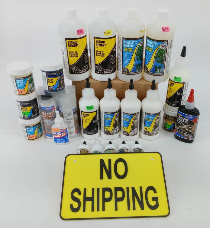 **NO SHIPPING** ASSORTED WOODLAND SCENICS WATER EFFECTS, SCENIC CEMENT & GLUE, TINTS, DELUXE MATERIALS ADHESIVES  INV 263331323