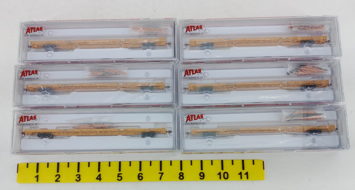 6 ATLAS N 50 003 115-118 PTTX F89J FLAT CARS W/ DECK RISERS, 6 OBS  INV 263331324