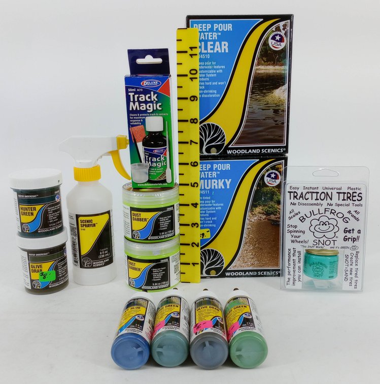 **NO SHIPPING** WOODLAND SCENICS DEEP POUR WATER, WATER TINTS & SCENIC SUPPLIES ASSORTED W/ TRACK MAGIC, SOME OBS  INV 263331321