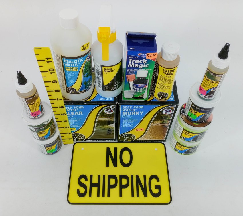 **NO SHIPPING** ASSORTED WOODLAND SCENICS WATER & SCENERY SUPPLIES, DEEP POUR WATER, TRACK MAGIC, SOME OBS  INV 263331330