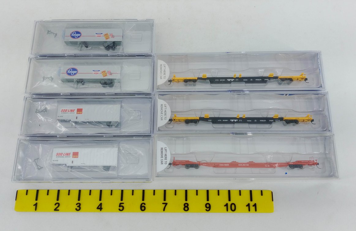 7 N GAUGE TRAILER TRAIN, BURLINGTON FLEXI-VAN & KROGER SOO LINE TRAILER CARS, 7 OBS  INV 263331327