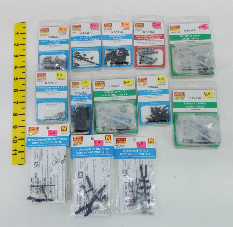 ASSORTED MICRO-TRAINS N SCALE COUPLERS, SW1500 PARTS & PASSENGER CAR TRUCKS SOME OBS NNC  INV 263331333
