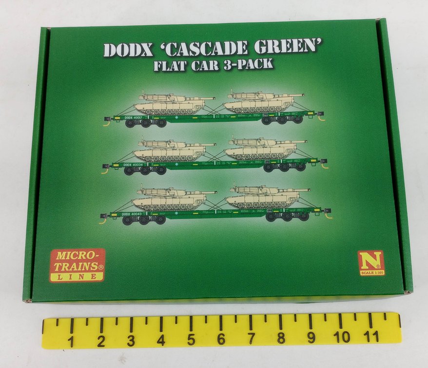 MICRO-TRAINS 3 DODX CASCADE GREEN FLAT CARS W/ M1 ABRAMS TANK KITS, N SCALE, OB NNC  INV 263331369