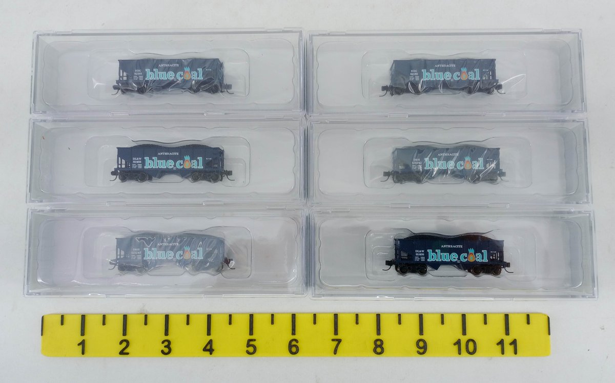 6 BOWSER N SCALE BLUE COAL GLA 2-BAY HOPPERS DL&W, D&H & RDG, 6 OBS  INV 263331377