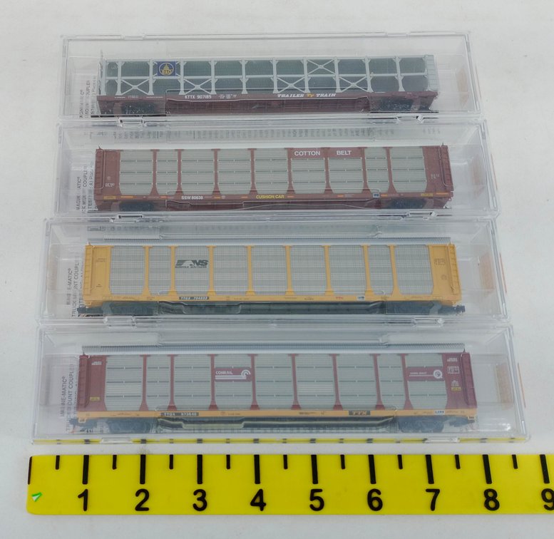 4 MICRO-TRAINS N SCALE 89' TRI-LEVEL AUTORACKS CONRAIL NS B&O COTTON BELT, 4 OBS  INV 263331397