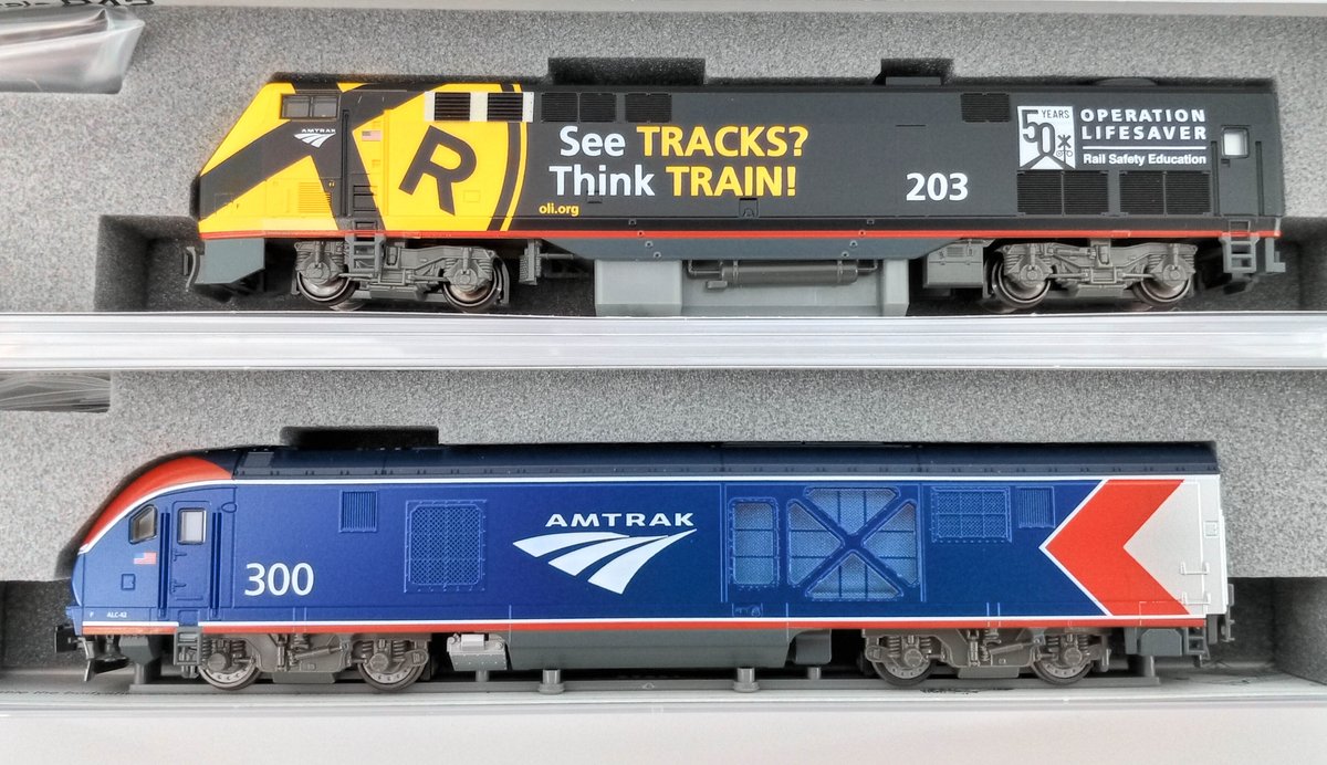 2 KATO N SCALE AMTRAK P42 #203 & ALC-42 CHARGER #300 LOCOMOTIVES, 2 OBS  INV 263331399