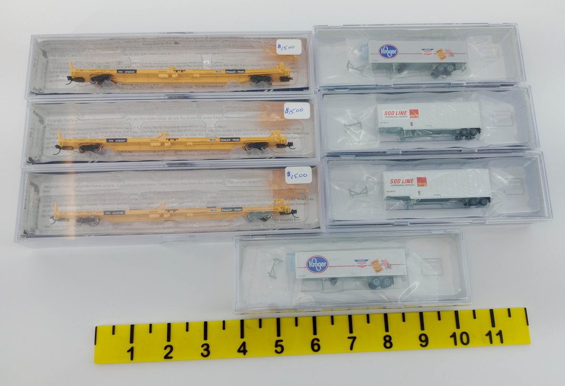 7 MICRO-TRAINS N SCALE TTX 85FT FLAT CARS & KROGER, SOO LINE 40FT TRAILERS, 7 OBS  INV 263331412