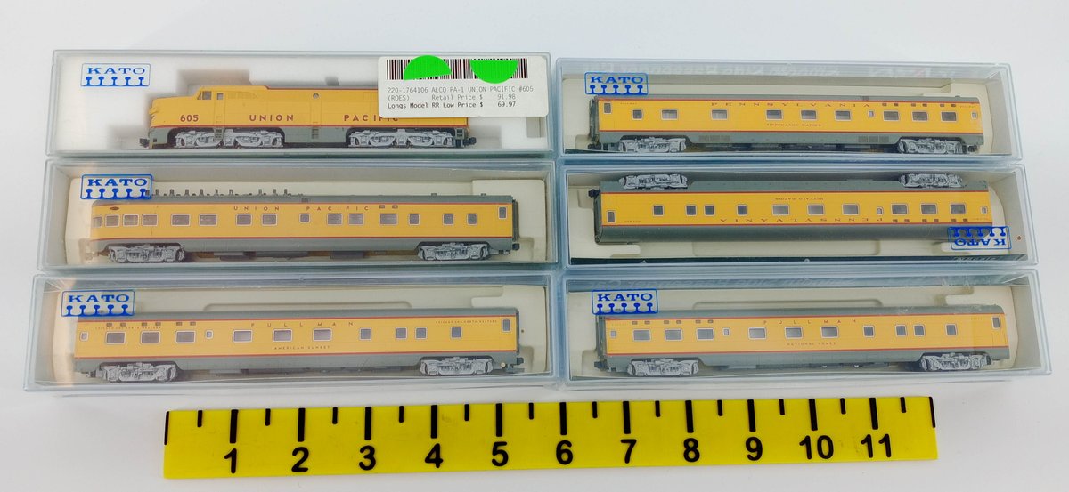 6 KATO N SCALE UNION PACIFIC PA-1 #605 LOCOMOTIVE & 5 PASSENGER CARS, 6 OBS  INV 263331411