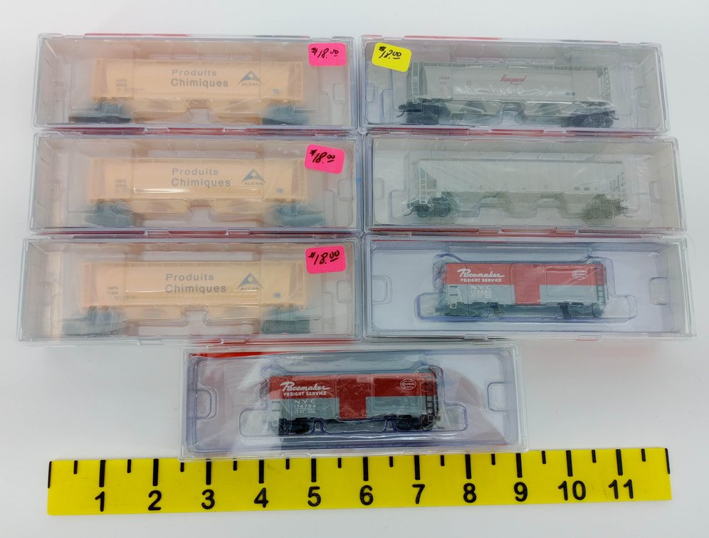 7 N SCALE ALCAN, HONEYMEAD HOPPERS & NYC PACEMAKER BOXCARS, 7 OBS  INV 263331423
