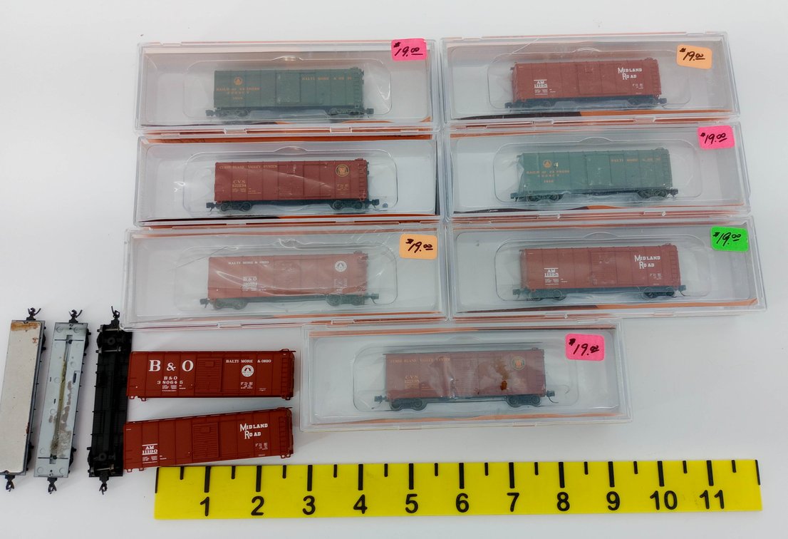 FOX VALLEY MODELS N SCALE WAGONTOP BOXCARS B&O, CUMBERLAND VALLEY, MIDLAND, 7 OBS & 2 EXTRA BODIES  INV 263331430