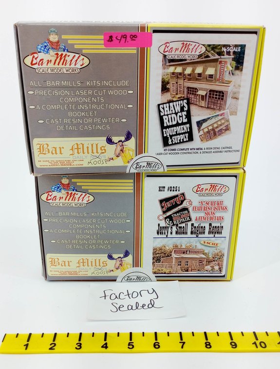 2 BAR MILLS N SCALE BUILDING KITS 0251 JERRY'S SMALL ENGINE REPAIR & 0531 SHAW'S RIDGE, 2 OBS FACTORY SEALED  INV 263331442
