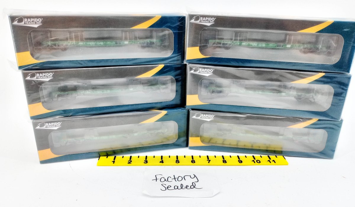 6 RAPIDO TRAINS HO PENN CENTRAL F30A FLATCARS, 6 OBS FACTORY SEALED  INV 263331471