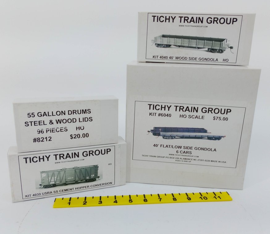 4 TICHY TRAIN GROUP HO KITS 4030 4040 6040 8212 GONDOLA & DRUMS, 4 OBS FACTORY SEALED  INV 263331475