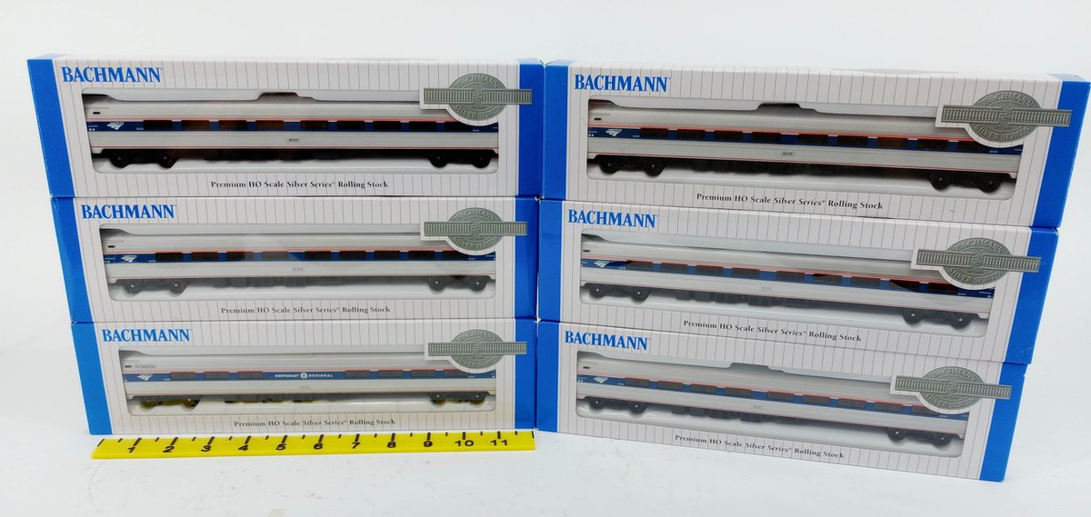 6 BACHMANN HO AMFLEET I AMTRAK PASSENGER CARS W/ LIGHTED INTERIORS, 6 OBS  INV 263331481