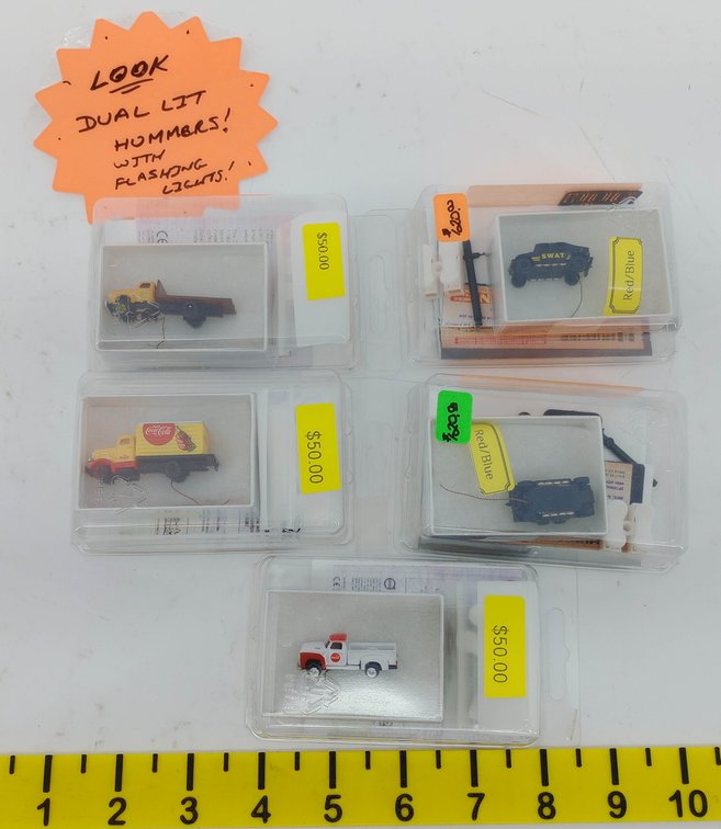 5 MINI METALS N SCALE LIT VEHICLES COCA-COLA TRUCKS & 2 SWAT HUMVEES, 5 OBS  INV 263331492