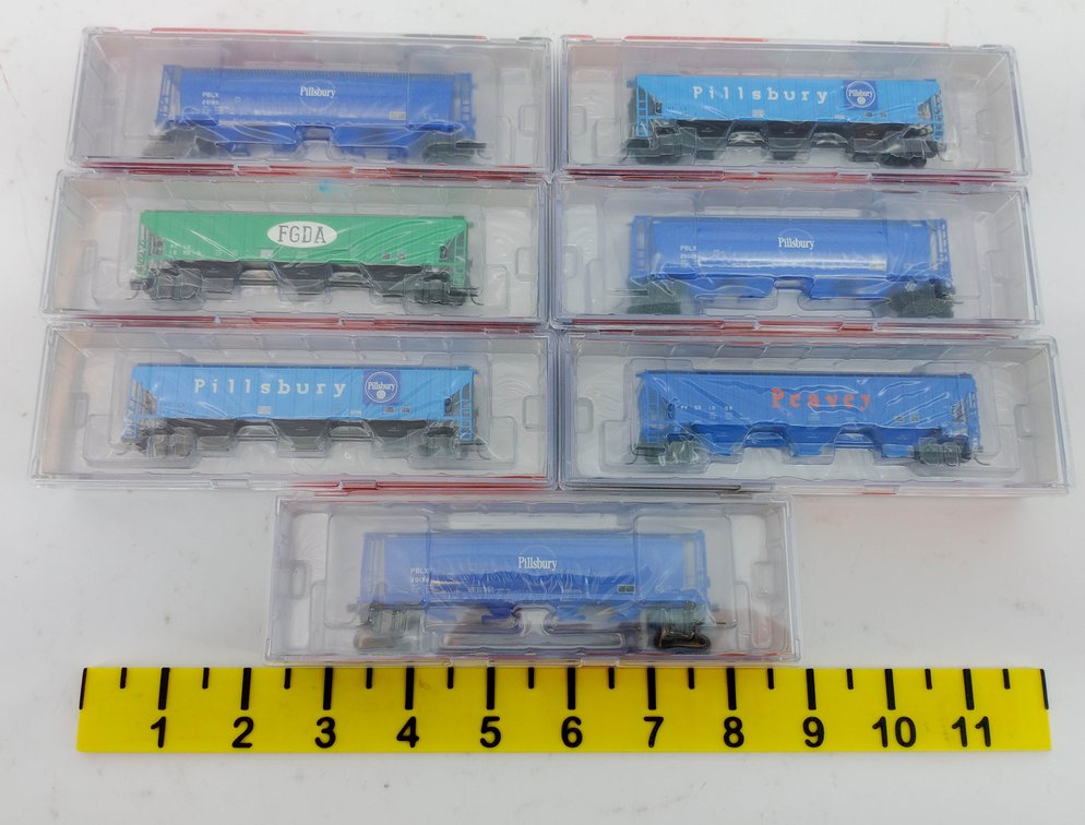 7 INTERMOUNTAIN N SCALE PILLSBURY, FGDA & PEAVEY COVERED HOPPERS, 7 OBS  INV 263331510