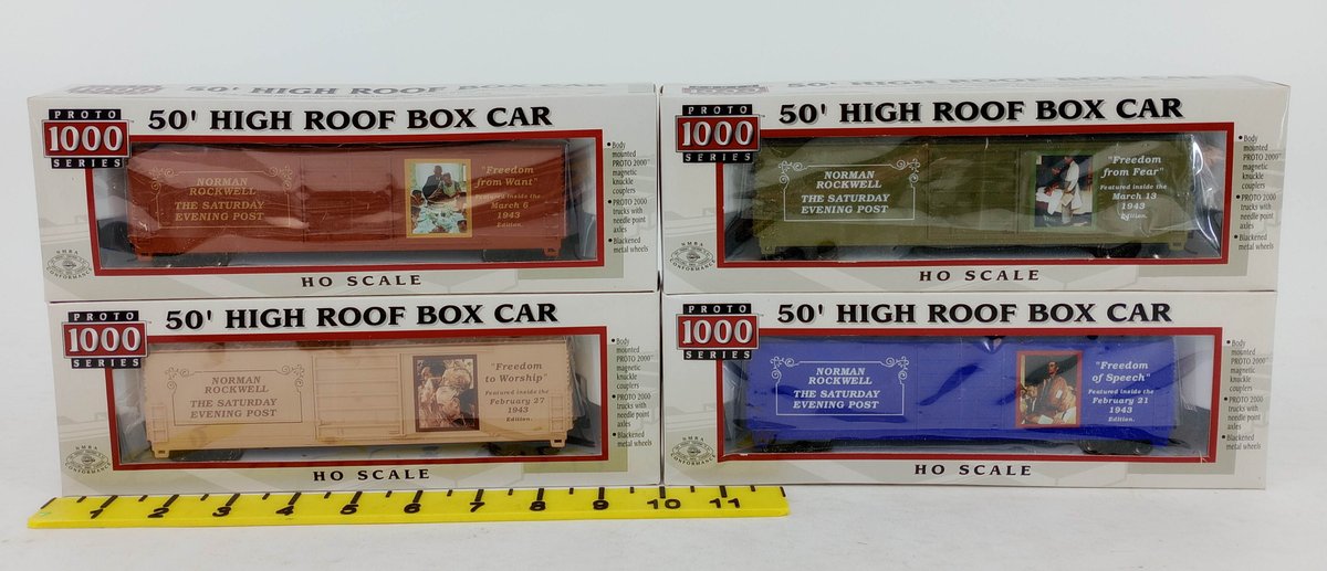4 PROTO 1000 NORMAN ROCKWELL SATURDAY EVENING POST 50' HIGH ROOF BOX CARS, HO GAUGE 4 OBS  INV 263430003