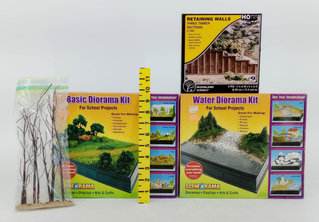 SCENE-A-RAMA WATER & BASIC DIORAMA KITS, WOODLAND SCENICS C1260 RETAINING WALLS & BARE TREES, 3 OBS NNC  INV 263430009
