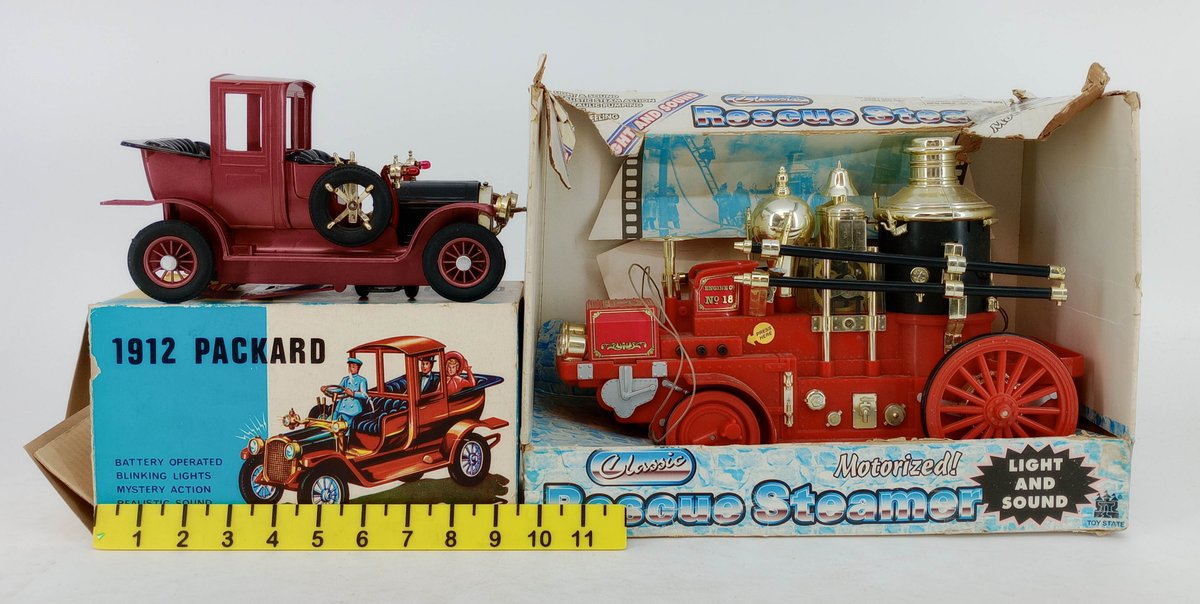 2 BATTERY OPERATED TOYS 1912 PACKARD & TOY STATE CLASSIC RESCUE STEAMER FIRE ENGINE 2 OB  INV 263470002