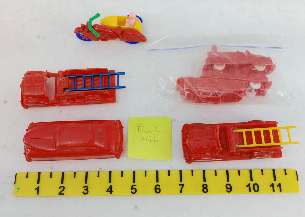 BENWALL RED PLASTIC TOY VEHICLES 2 FIRE DEPT TRUCKS SEDAN MOTORCYCLE WITH SIDECAR & BAGGED VEHICLES  INV 263470005