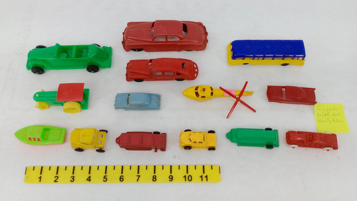 ASSORTED EARLY PLASTIC TOY VEHICLES CARS BUS HELICOPTER BOAT FIRE TRUCK TRACTOR TRAILERS  INV 263470006