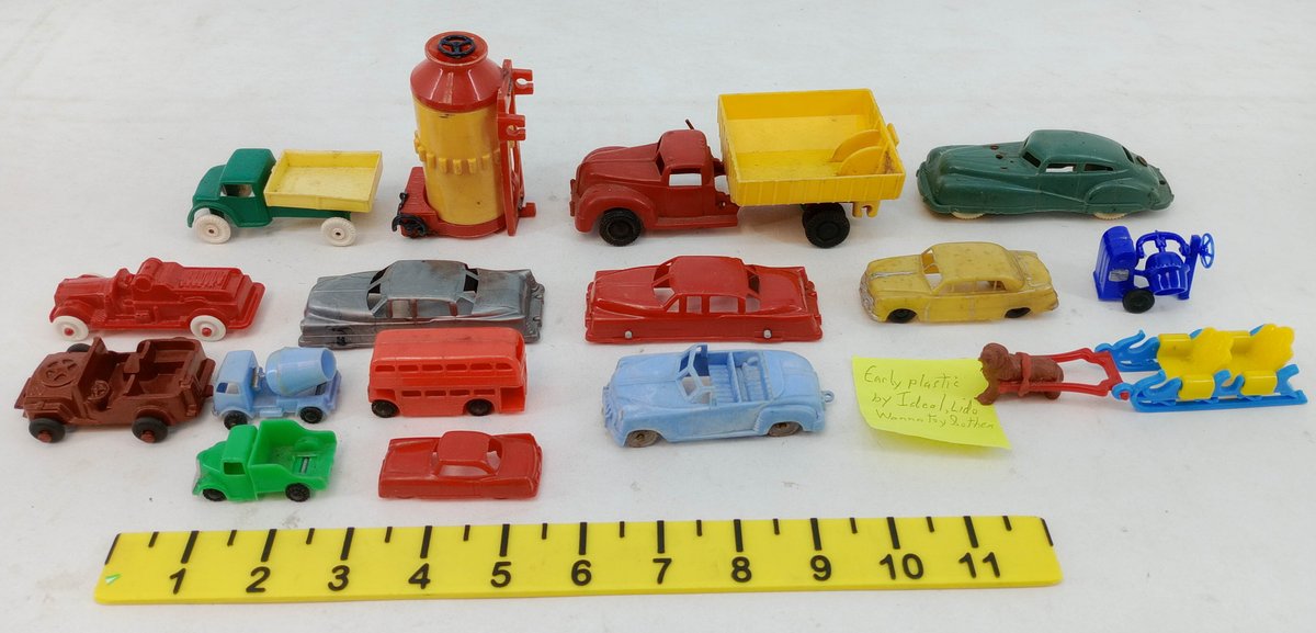 ASSORTED EARLY PLASTIC TOY CARS TRUCKS FIRE ENGINE JEEP BUS CEMENT MIXER DOG SLED & OTHER VEHICLES  INV 263470007