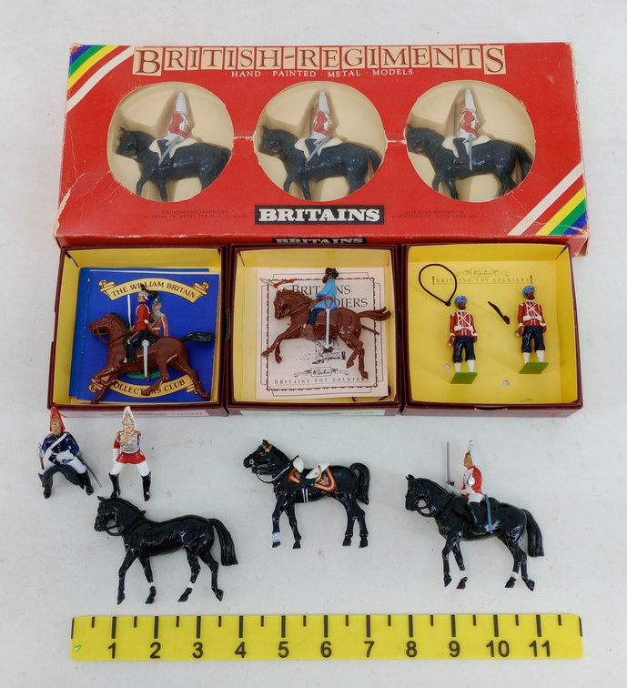 ASSORTED BRITAINS METAL TOY SOLDIERS MOUNTED LIFEGUARDS ROYAL DRAGOONS RATTRAY'S SIKHS 27TH LIGHT CAVALRY 5 OB  INV 263480011