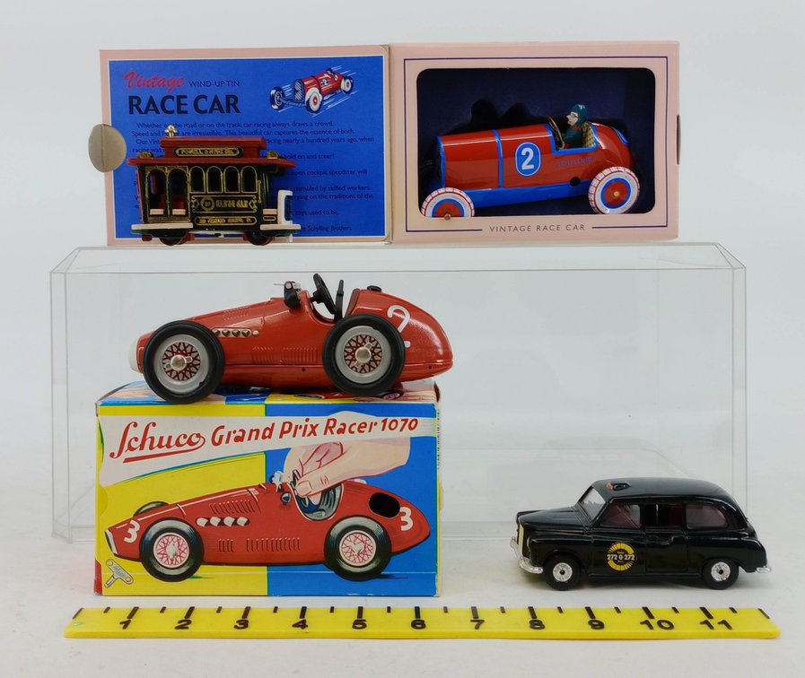 4 TOYS SCHUCO GRAND PRIX RACER 1070 & SCHYLLING TIN RACE CAR WIND-UP, DIE-CAST TAXI & CABLE CAR 2 OB  INV 263480015