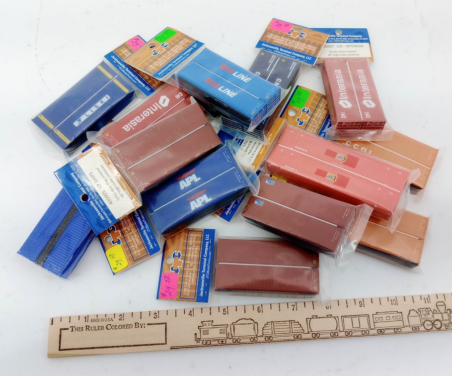 12 ASSORTED JTC N SCALE INTERMODAL CONTAINERS APL, INTERASIA, SM LINE, EMP & MORE, ALL IN PACKAGES  INV 263331535