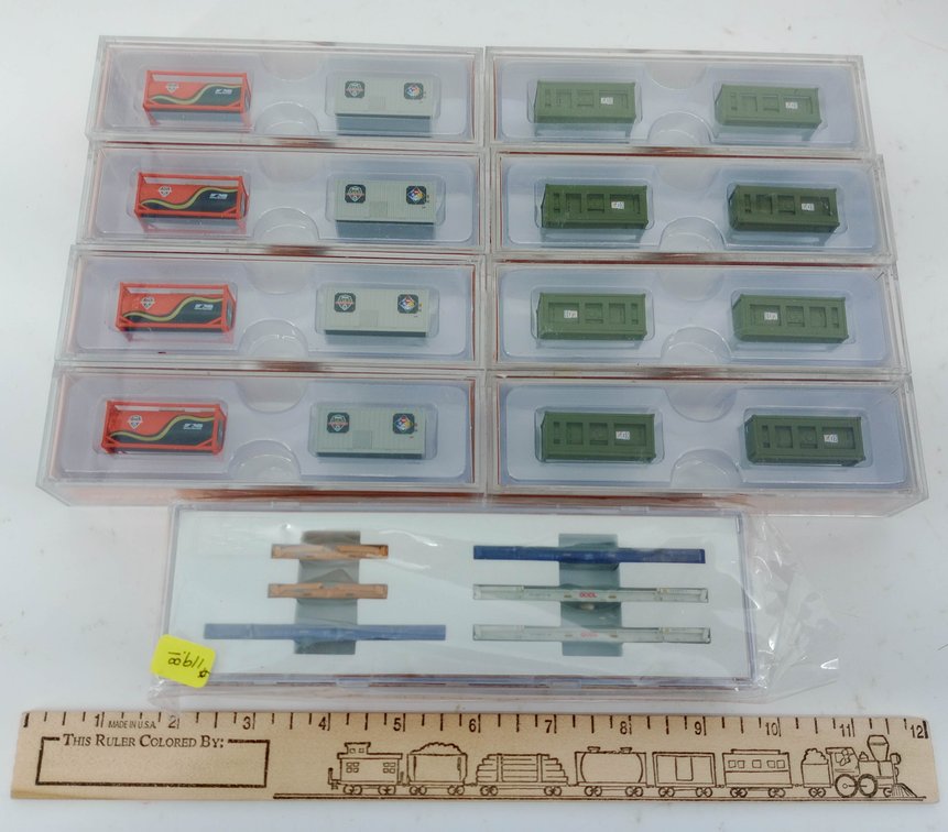 ASSORTED JTC MODEL TRAINS N SCALE NORFOLK SOUTHERN & MILITARY CONTAINERS, FLATRACKS 9 OBS  INV 263331544