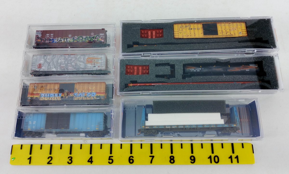 7 MICRO-TRAINS N SCALE WEATHERED GRAFFITI BOXCARS, HOPPER, FLAT CARS & NASA CARS, 7 OBS  INV 263331595