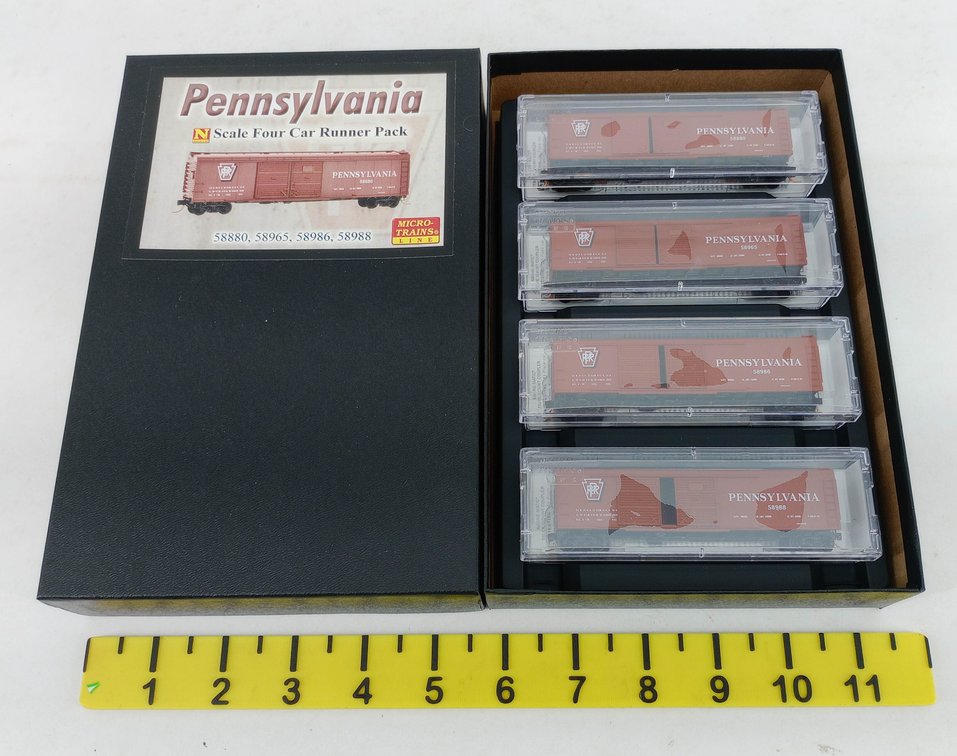 4 MICRO-TRAINS N SCALE RUNNER PACK #139 PENNSYLVANIA 50FT DOUBLE DOOR BOXCARS, OB  INV 263331620
