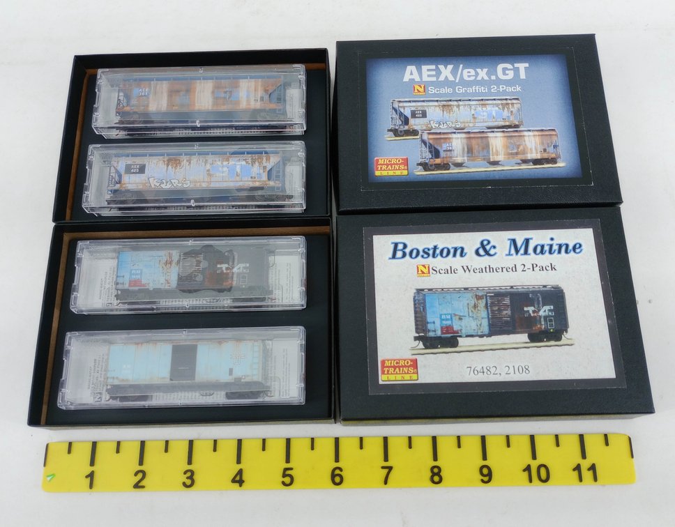 4 MICRO-TRAINS N SCALE 76482 BOSTON & MAINE BOXCARS & AEX HOPPERS, WEATHERED, 2 OBS  INV 263331621