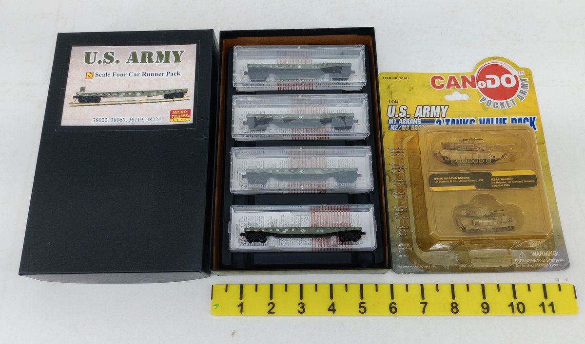 MICRO-TRAINS LINE 4 U.S. ARMY N SCALE FLATCARS OB W/ CAN DO 1:144 ABRAMS & BRADLEY TANKS PACK  INV 263331624