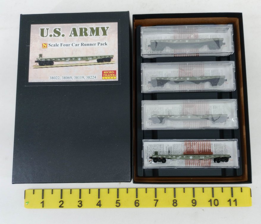 4 MICRO-TRAINS 38022 38069 38119 38224 US ARMY N SCALE FLATCARS, OB  INV 263331623
