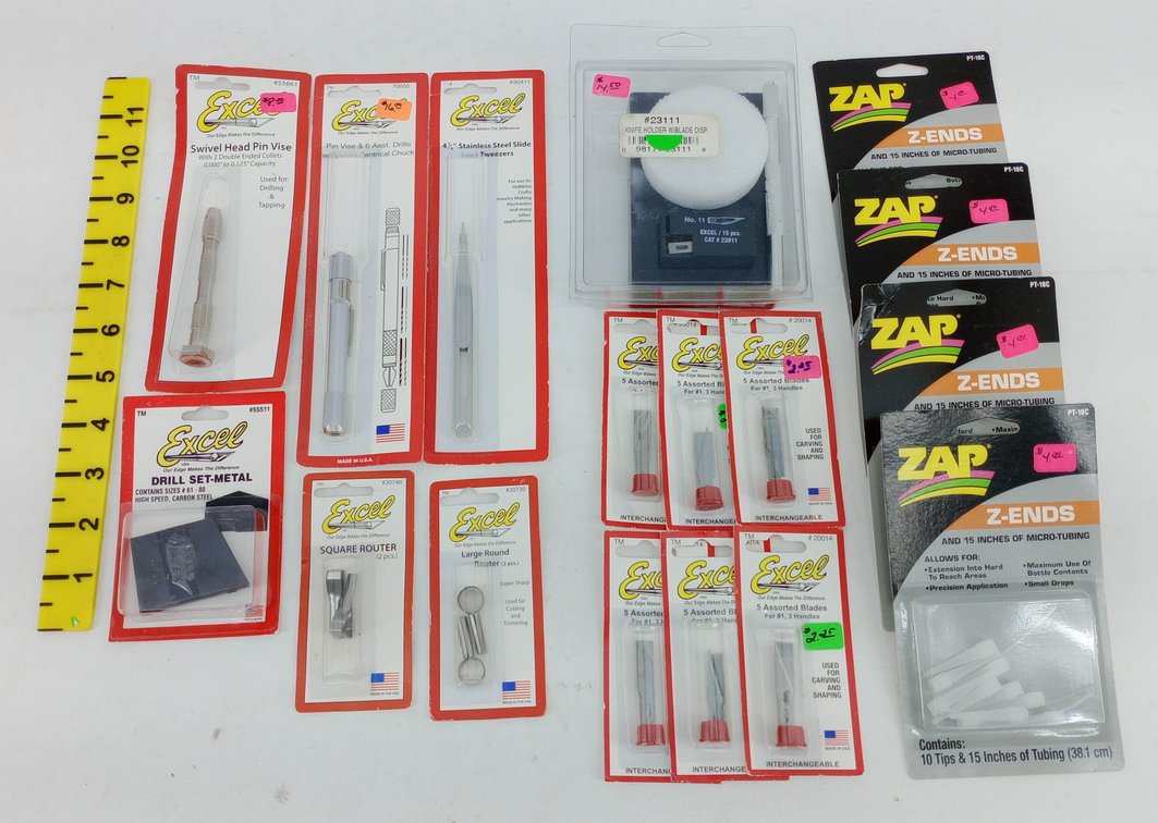 EXCEL & ZAP HOBBY TOOLS, 6 BLADE SETS, 4 Z-ENDS, PIN VISES, ROUTERS, TWEEZERS, DRILL SET, ALL OB  INV 263331634