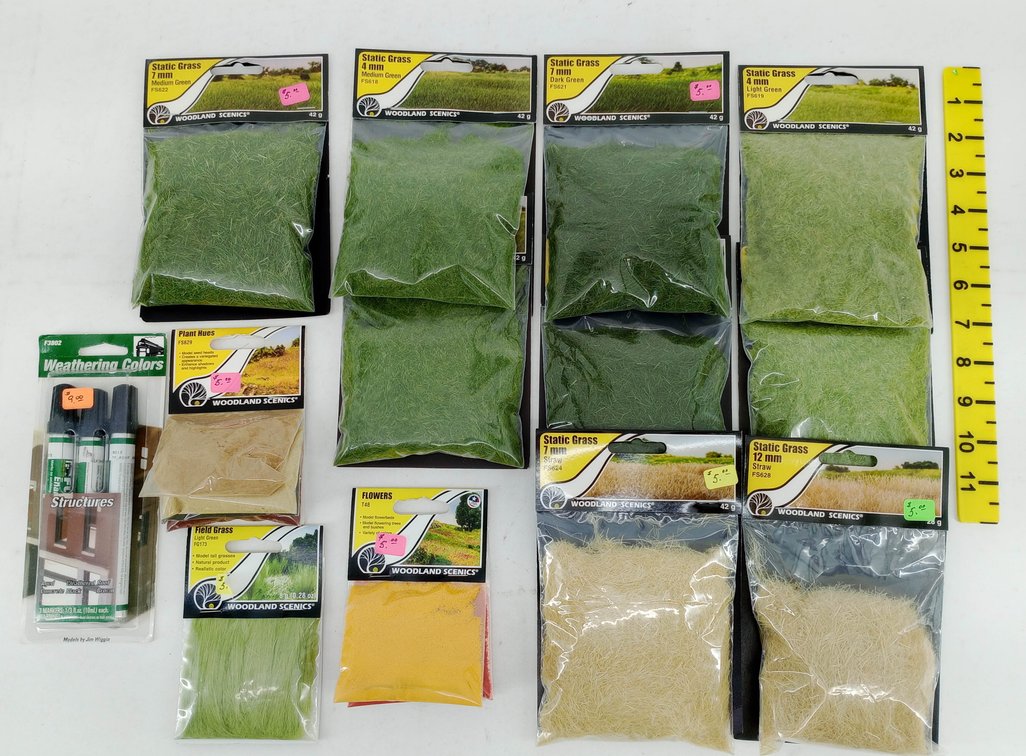 ASSORTED WOODLAND SCENICS STATIC GRASS, FIELD GRASS, FLOWERS & WEATHERING COLORS, 10 PACKS  INV 263331636