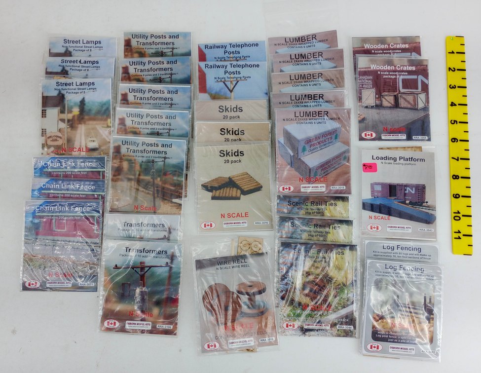ASSORTED OSBORN MODEL KITS N SCALE SCENERY DETAIL PACKS, LUMBER, FENCING, TRANSFORMERS, CARDED PACKAGES  INV 263331646