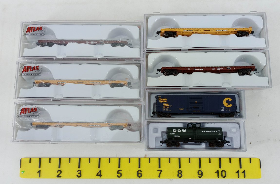 7 ATLAS N GAUGE FLAT CARS, TANK CAR & BOXCAR, DOW, CONRAIL, TRAILER TRAIN, 7 OBS  INV 263331658