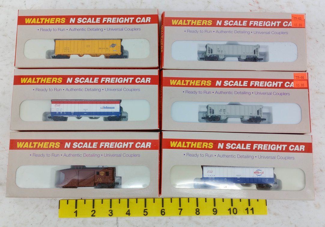 6 WALTHERS N SCALE FREIGHT CARS INCL NESTLE, JOHNSON WAX, CONRAIL & B&M SNOW PLOW, 6 OBS  INV 263331672
